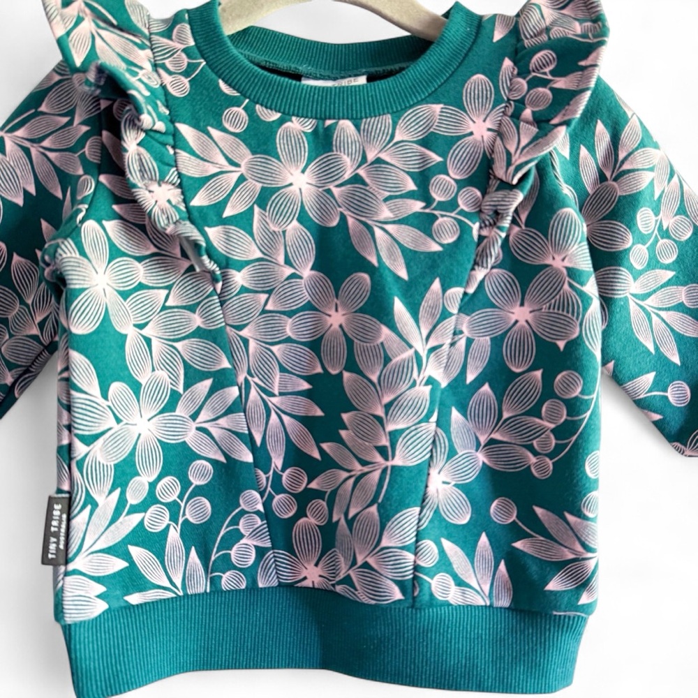 NWOT Tiny Tribe Australia Modern Floral Sweatshirt Baby Girls 6-9 mos Teal Pink - Picture 2 of 9
